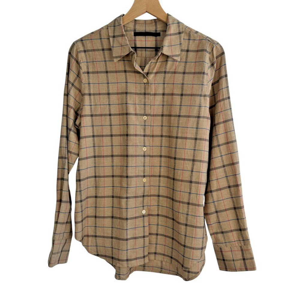 JENNI KAYNE Lightweight Cotton Flannel Plaid Shirt Tan Taupe Boxy Small Classic